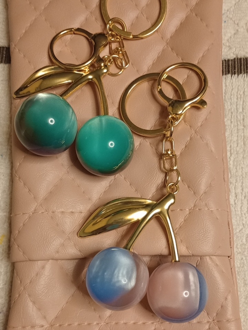 2 Gold Cherry Keychains w/Teal & Purple & 1Blue-Pink Resin Charms